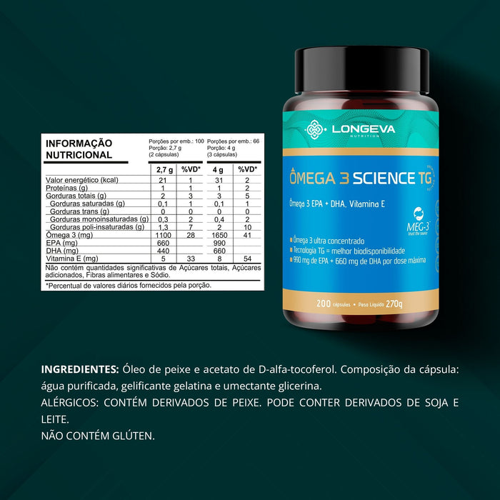 LONGEVA | Ômega 3 Science TG Big Size (200 cápsulas) - Alta Pureza e Rendimento