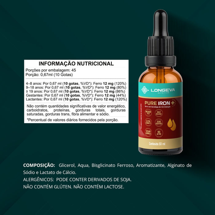 LONGEVA | Pure Iron - Ferro Quelado em gotas (30 ml)