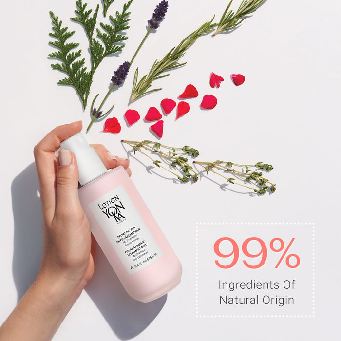 Hand holding a pink bottle of Lotion YON-KA PS | YON-KA surrounded by natural botanical elements and text highlighting 99% ingredients of natural origin for skincare.