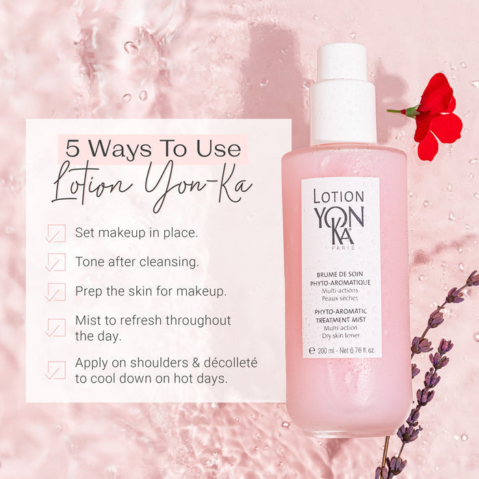 Clear bottle of Lotion YON-KA PS | YON-KA with pink liquid, placed on a wet surface with water droplets, lavender sprigs, and a red flower alongside a list of five uses for the product.