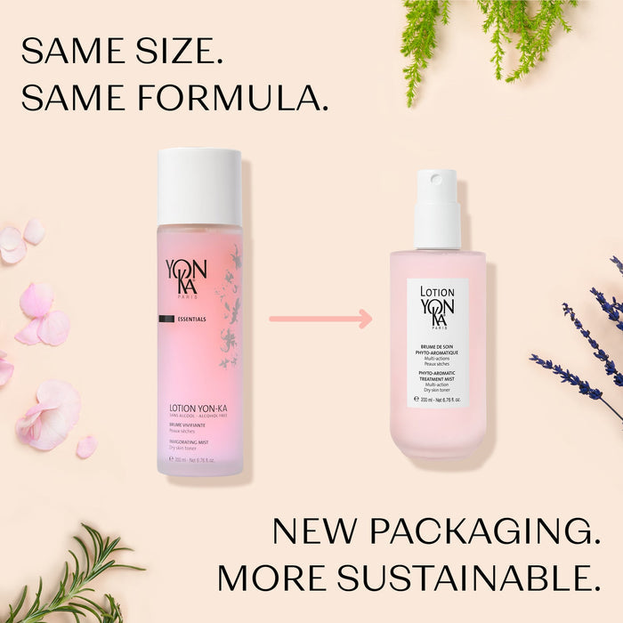 Comparison of old and new skincare bottles of Lotion YON-KA PS | YON-KA with pink liquid and floral elements on a beige background highlighting sustainable packaging changes.