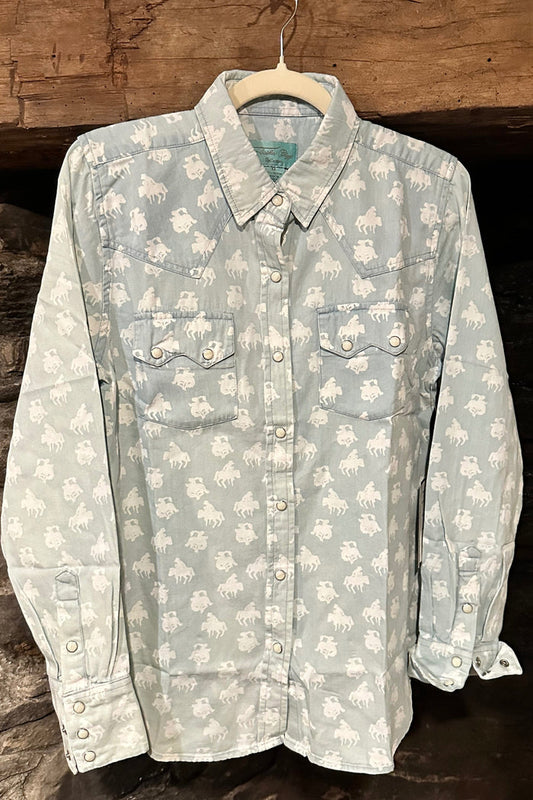 Light blue shirt with white horse pattern.