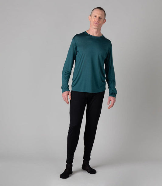 Men’s Puresilk Long Sleeved Crew in Deep Sea green paired with our 100% Puresilk Legliner