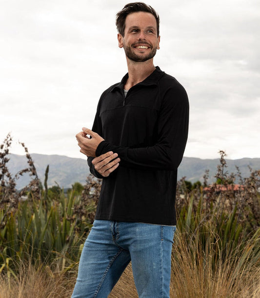 Men's Silkspun Zip Neck Top in Black