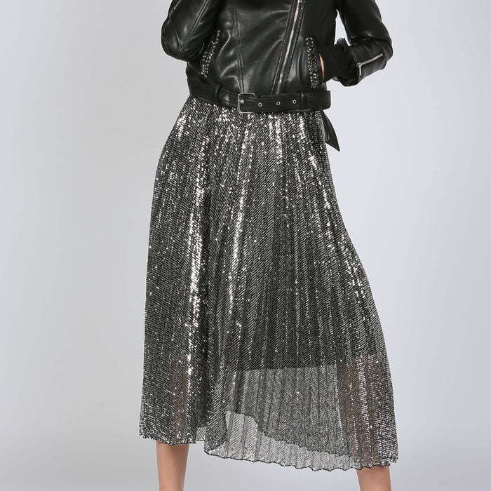 Black sequin skirt with leather jacket