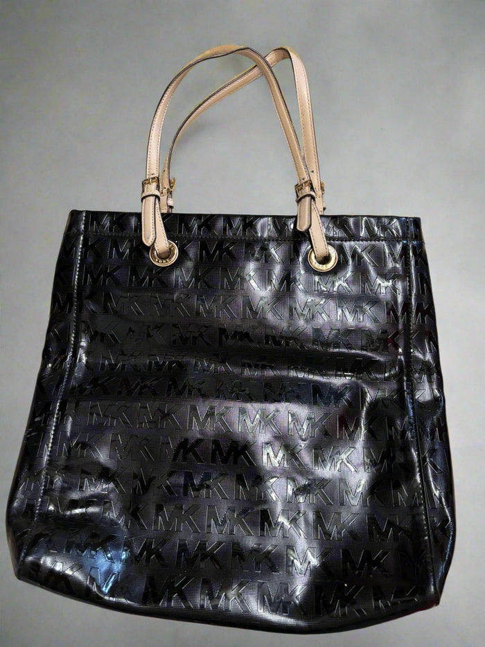 Michael Kors Jet Set Logo Tote Black Shiny Shoulder Patent Leather Bag