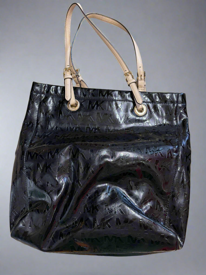 Michael Kors Jet Set Logo Tote Black Shiny Shoulder Patent Leather Bag