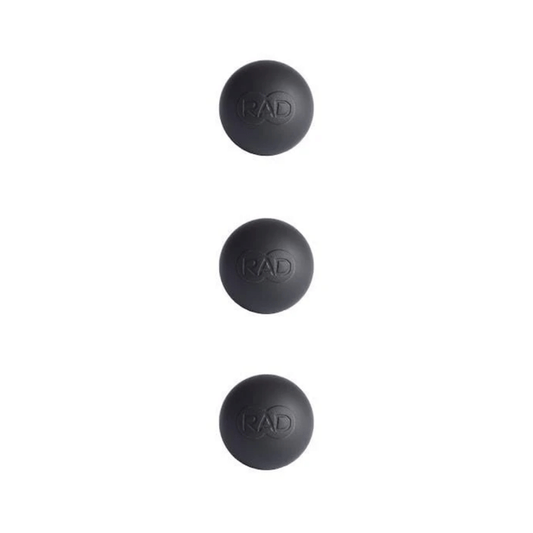 Three black massage balls with embossed RAD logo, designed for targeted muscle relief and recovery, shown on a white background for the Micro Rounds | RAD product.