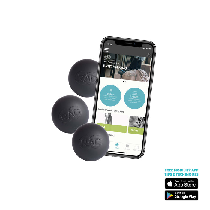 Three black Micro Rounds | RAD massage balls arranged next to a smartphone displaying a mobility app interface for body care and recovery techniques.