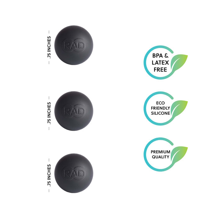 Three black Micro Rounds | RAD massage balls made from eco-friendly silicone, measuring 0.75 inches each, accompanied by icons indicating BPA and latex free, eco friendly silicone, and premium quality.