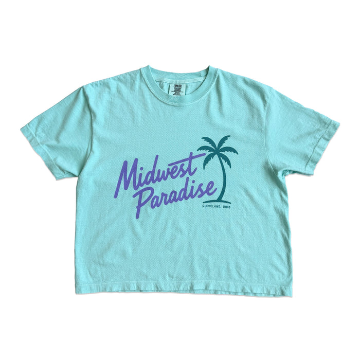 Midwest Paradise women's boxy crop t-shirt featuring vintage-inspired Midwest travel artwork celebrating Great Lakes adventures, camping, lake life, and Midwest pride