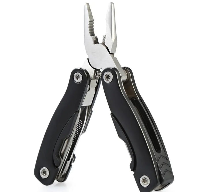 Mini Multitool sort med tang, kniv, skruetrækker, sav, fil og dåseåbner.