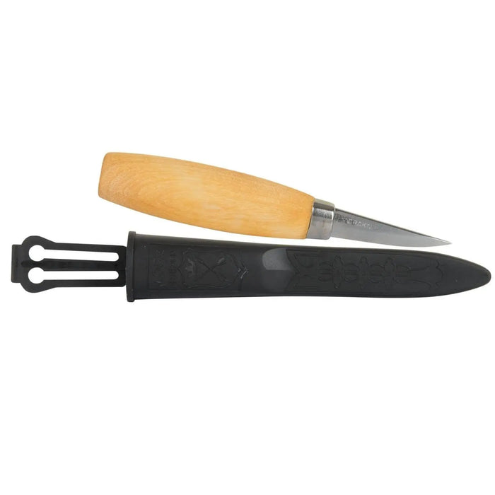 Morakniv 120 snittekniv med kort blad og trægreb.