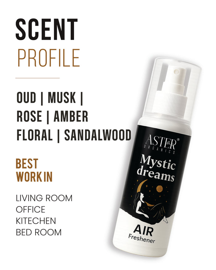 Mystic Dreams air freshener bottle with a mystical purple and blue gradient label.