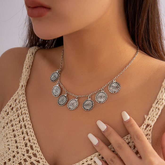 N2497 - Retro tassel flower plate pendant necklace