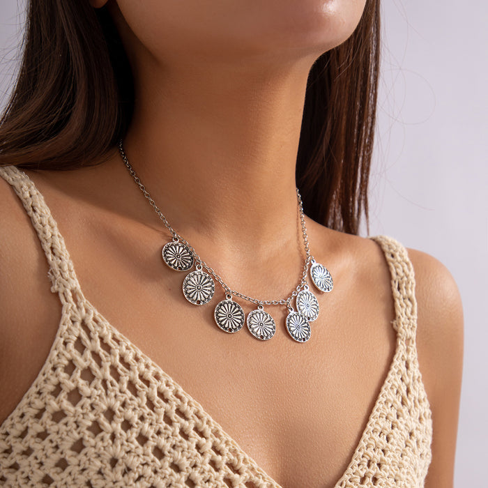 N2497 - Retro tassel flower plate pendant necklace