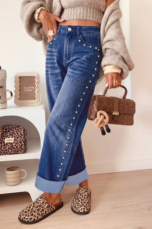 Navy Blue Studded Detail Straight Leg Casual Loose Jeans