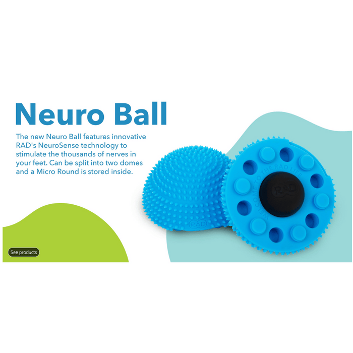 Two bright blue textured domes of the Neuro Ball | RAD wellness device designed to stimulate nerve endings in the feet, shown split apart with one revealing a circular core.