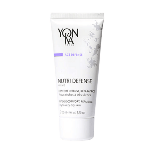 Tube of Nutri Defense Creme | Yon-Ka Paris featuring intense comfort and repairing formula for dry to very dry skin, displayed on a white background.