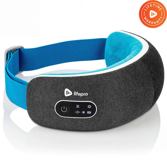 Black and blue Oculax Eye Massager Mask with its touchscreen control panel and a Lifetime Warranty badge.