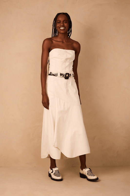 Off-White Strapless Side Pockets Linen Twill Maxi Dress_1