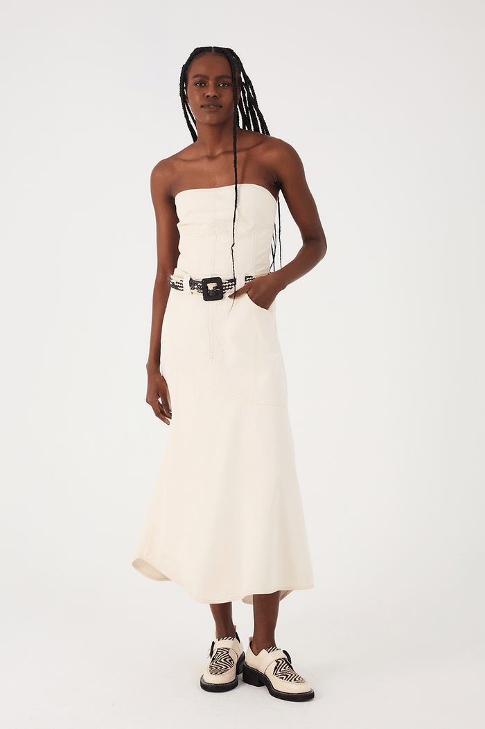 Off-White Strapless Side Pockets Linen Twill Maxi Dress_2