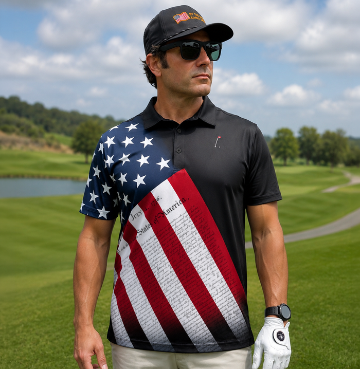 Man on golf course wearing a patriotic Men's Golf Polo in Black with American flag design with Declaration of Independence overlay on the polo.