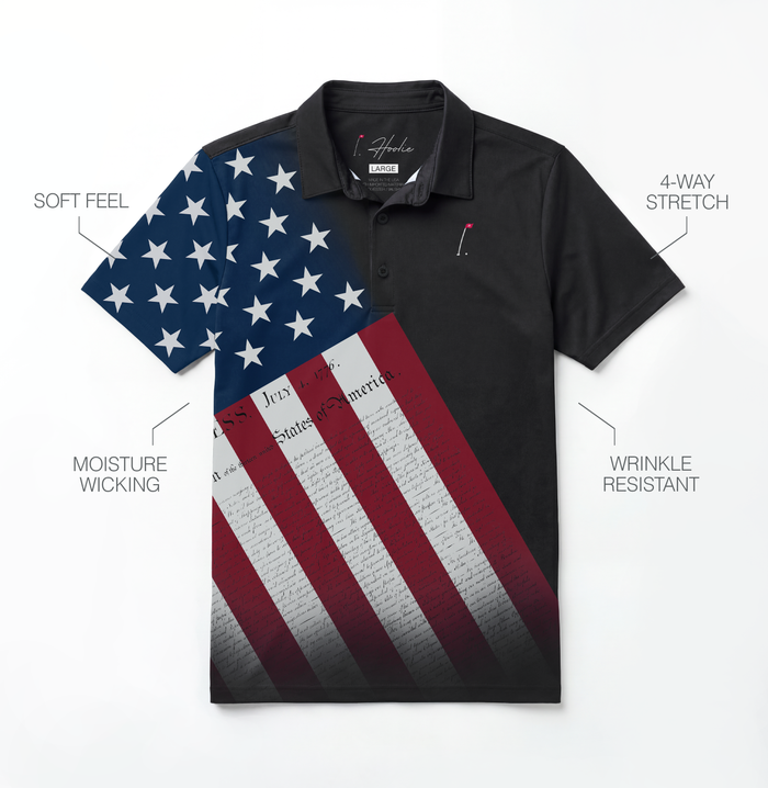 Patriotic Men's Golf Polo in Black with American flag design with Declaration of Independence overlay  laying on flat surface. Performance features shown. Inspired by USA's 250th