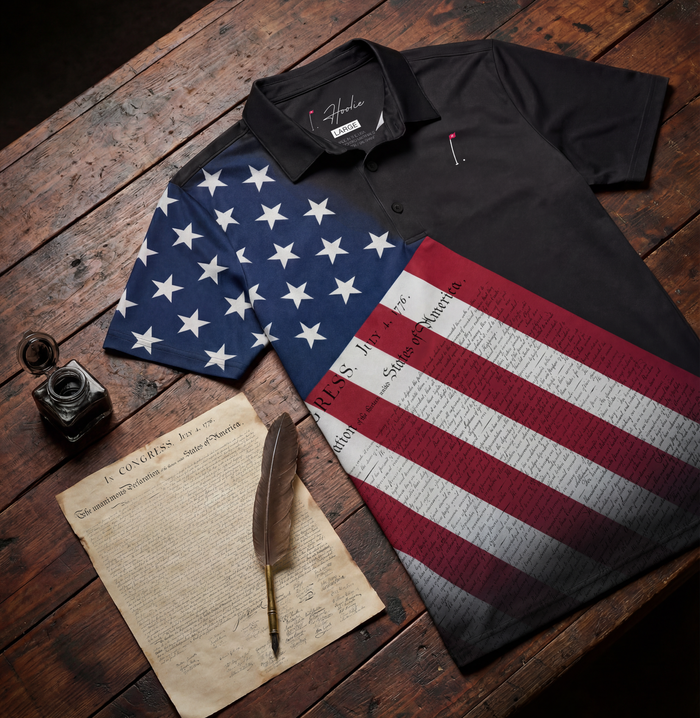 Patriotic Men's Golf Polo in Black on a Wooden Table with an old parchment and Revolutionary era writing quill. Polo has an American flag design with Declaration of Independence overlay - Inspired by USA's 250th