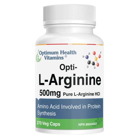 Bottle of Optimum Health Vitamins Opti-L-Arginine 270 Vegetable Capsules