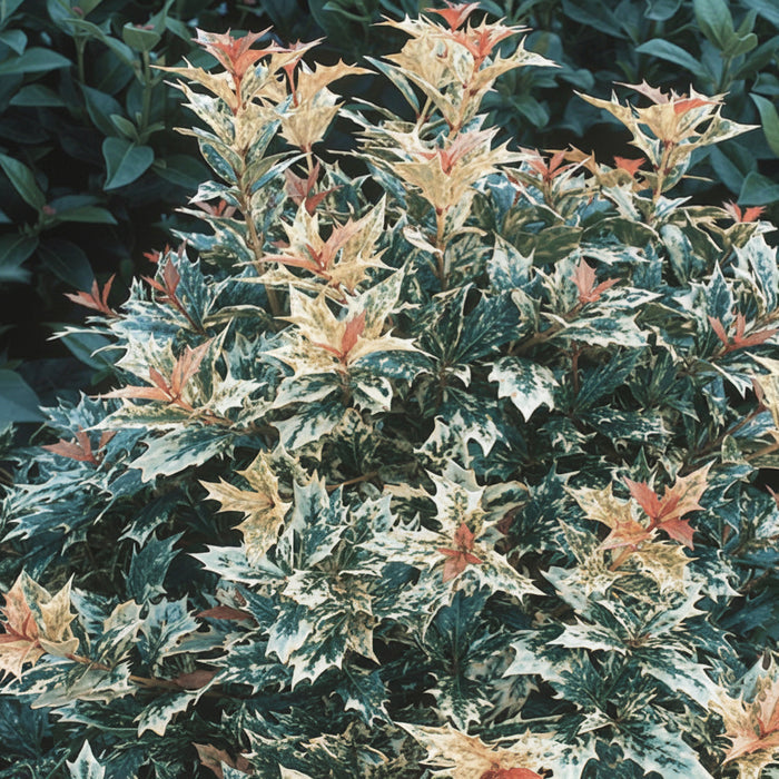 Goshiki Holly Osmanthus showing pinkish bronze new growth and colorful evergreen leaves