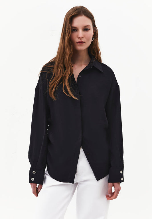 Oversize Long Sleeve Shirt with Ruching and Buttons - JET BLACK