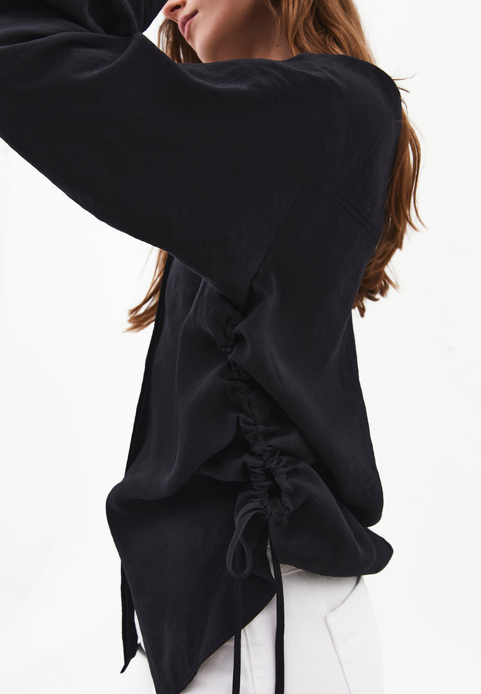 Oversize Long Sleeve Shirt with Ruching and Buttons - JET BLACK