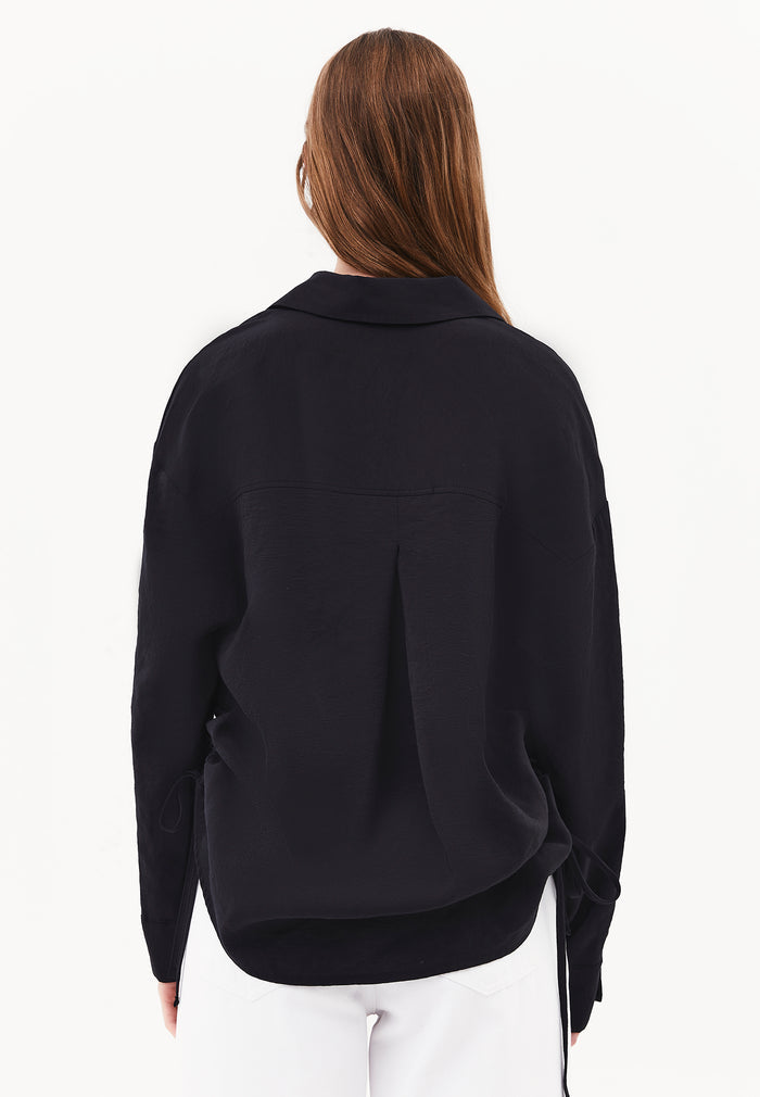 Oversize Long Sleeve Shirt with Ruching and Buttons - JET BLACK