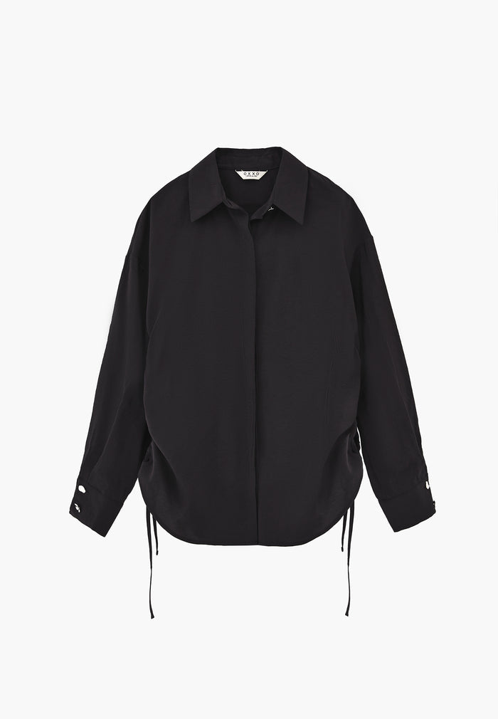 Oversize Long Sleeve Shirt with Ruching and Buttons - JET BLACK