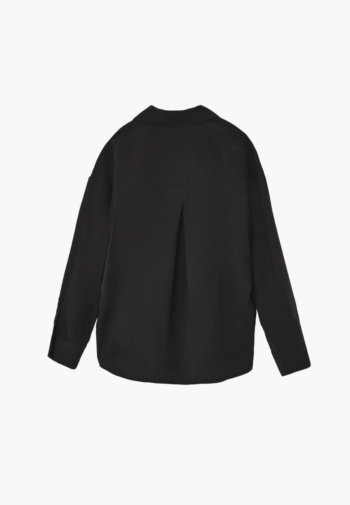 Oversize Long Sleeve Shirt with Ruching and Buttons - JET BLACK