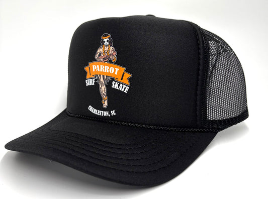 black Hula Girl coastal graphic foam trucker cap with mesh back and snapback closure
