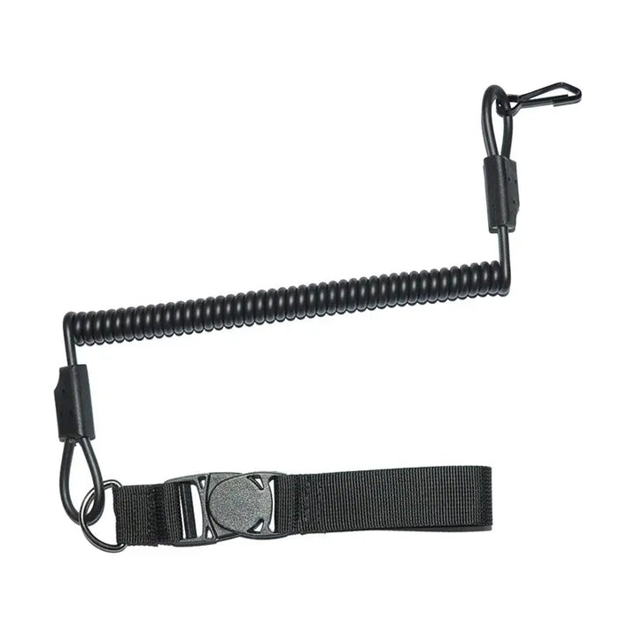Det sorte pistol lanyard har et solidt spænde og er velegnet til sikker fastholdelse.