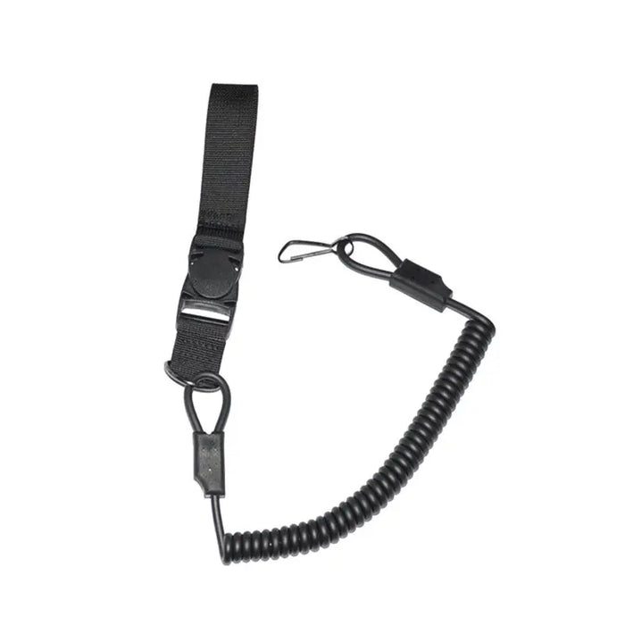 Sort pistol lanyard med metalkrog og rem rundt om håndleddet