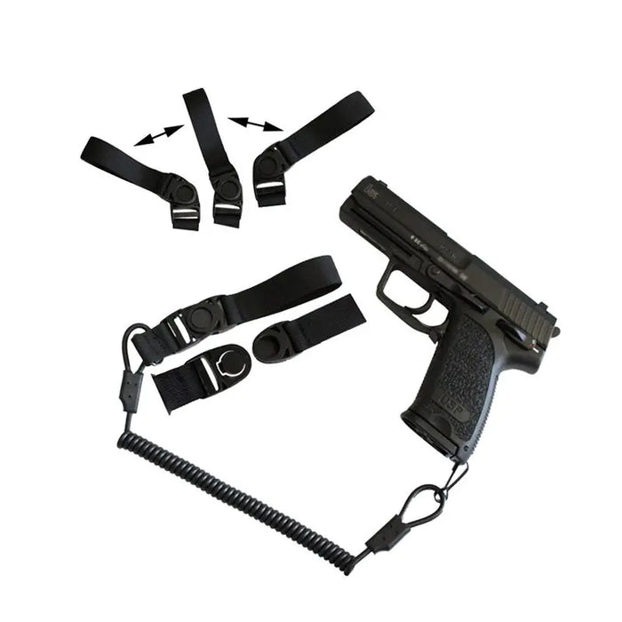 Pistol lanyard, Sort, vist med pistol i hylster.