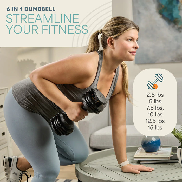 Infographic '6-in-1 Dumbbell: Streamline Your Fitness' listing weight settings from 2.5 to 15 lbs, beside a woman doing a bent-over row.