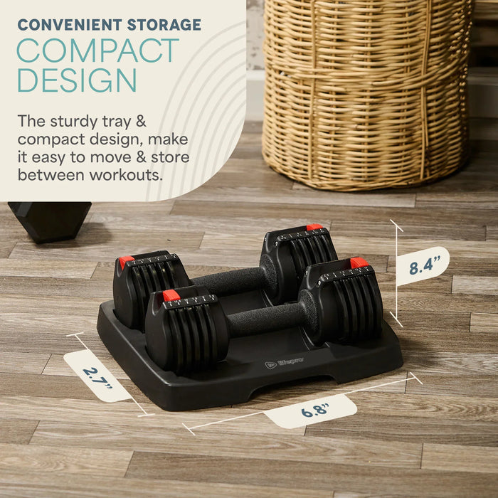 Infographic 'Convenient Storage: Compact Design' showing the PowerUp Dumbbells' tray dimensions of 8.4 by 6.8 by 2.7 inches.