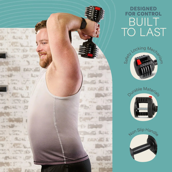 Infographic 'Designed for Control: Built to Last' highlighting the safety locking mechanism, durable materials, and non-slip handle, beside a man doing a triceps extension.