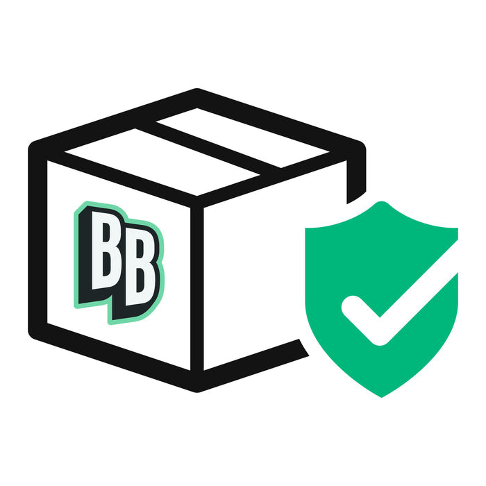 A simple graphic of a cardboard box labeled BB beside a green shield with a white checkmark, symbolizing secure delivery from BB with Purchase Protection or Free Returns.