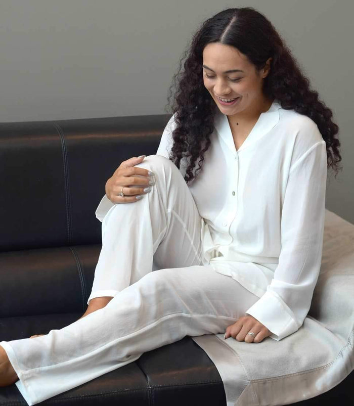 Women's 100% Pure Silk Crepe-de-Chine Pyjamas in Natural White