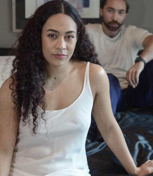 Woman wearing Pure Silk Crepe-de-Chine Slip Dress in Natural White