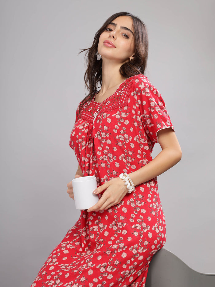 Red Alpine Pleated Designer Nightgown for Women