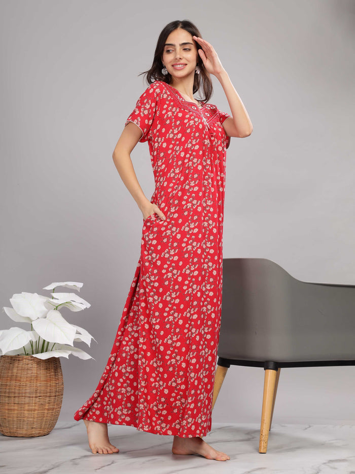Red Alpine Pleated Designer Nightgown for Women