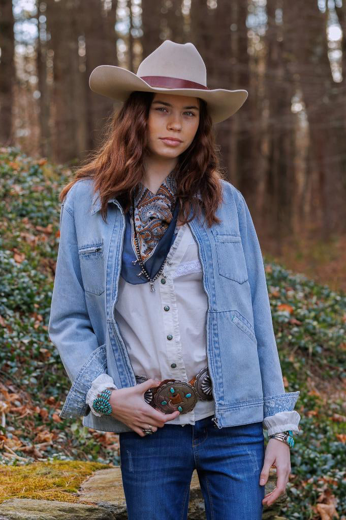 Woman in Darby Shirt & Romy Jacket, wearing a cowboy hat