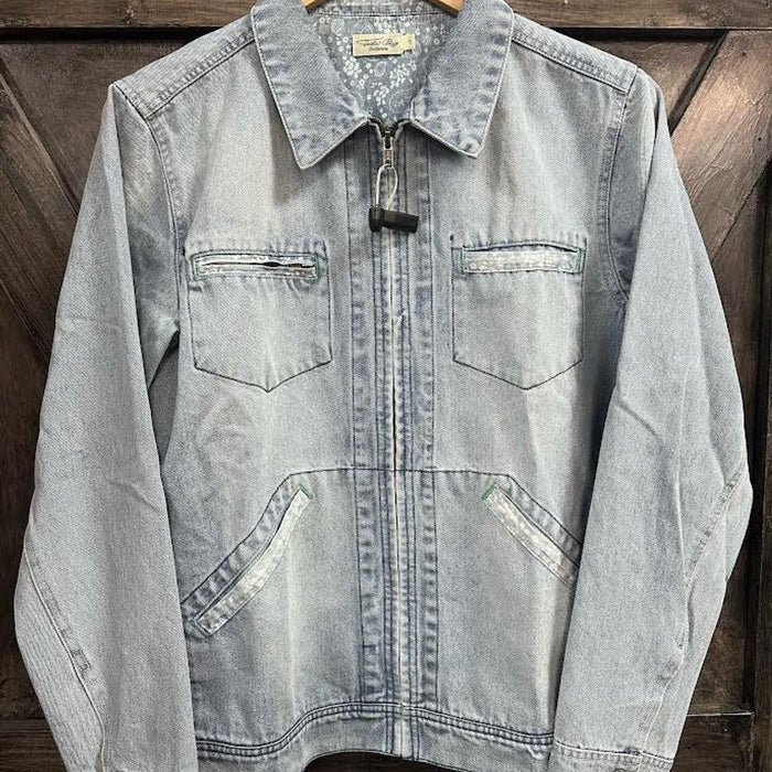 Light blue denim jacket with zipper.
